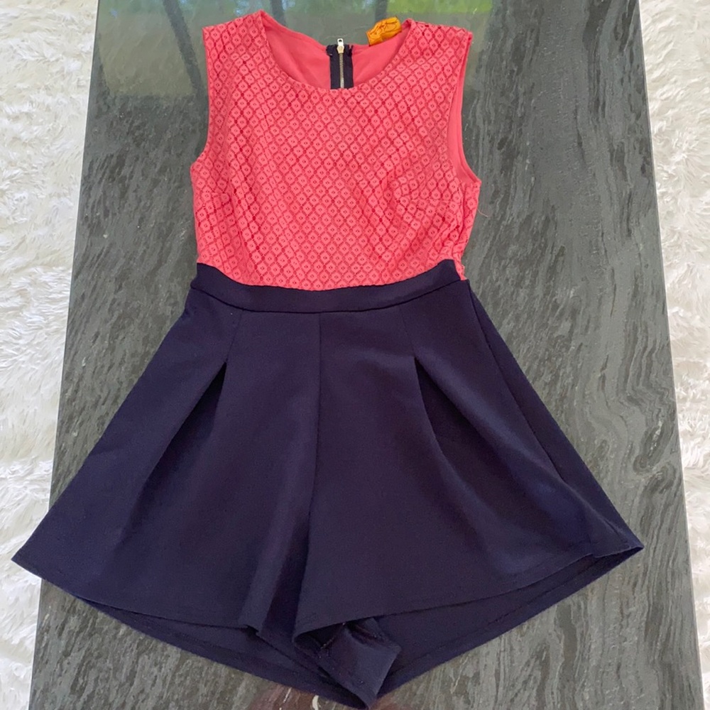 short pink and navy blue romper